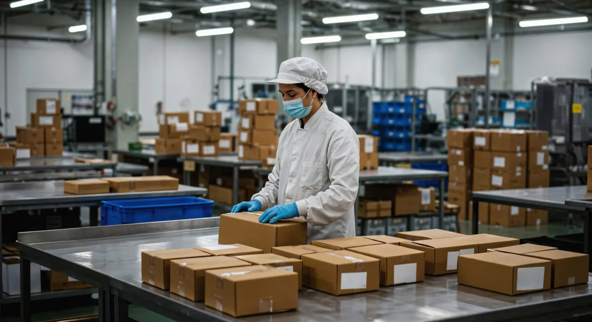 Mitarbeiterin verpackt Kartons in der Co-Packing-Fertigung von Münsterland Milch
