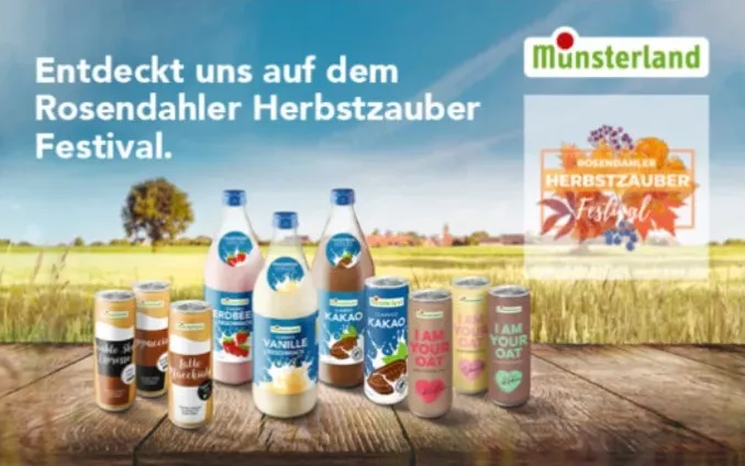 Motiv „Entdeckt uns auf dem Rosendahler Herbstzauber Festival" mit CLASSICO Flaschen und Dosen vor Feldern