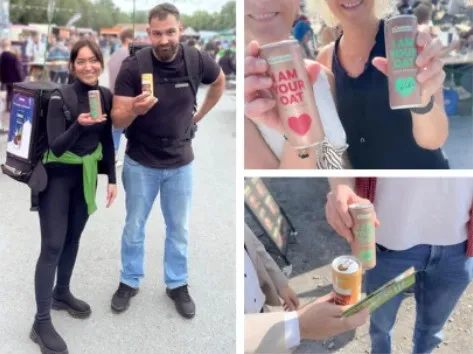 Drei Fotos vom Festival: Promoterin und Promoter mit Münsterland Dosen, Besucherinnen mit I AM YOUR OAT Dosen